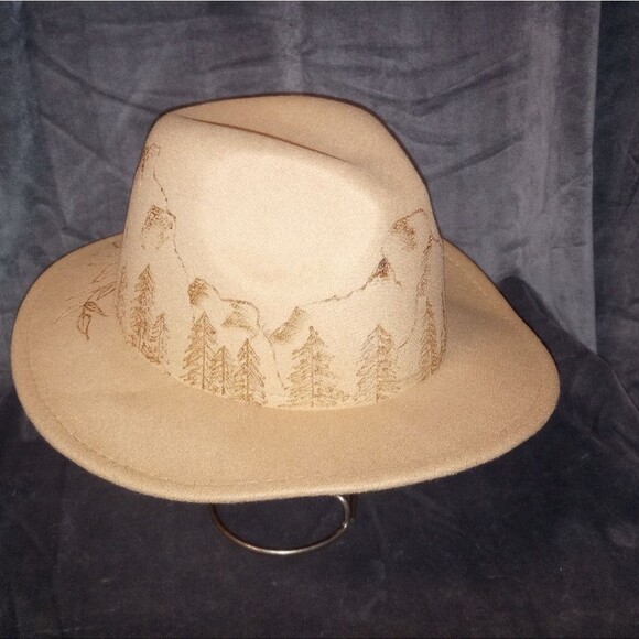 Hand Drawn Hand Burned Mountains and Sunflowers Tan Wide Brim Fedora Hat - Picture 3 of 9